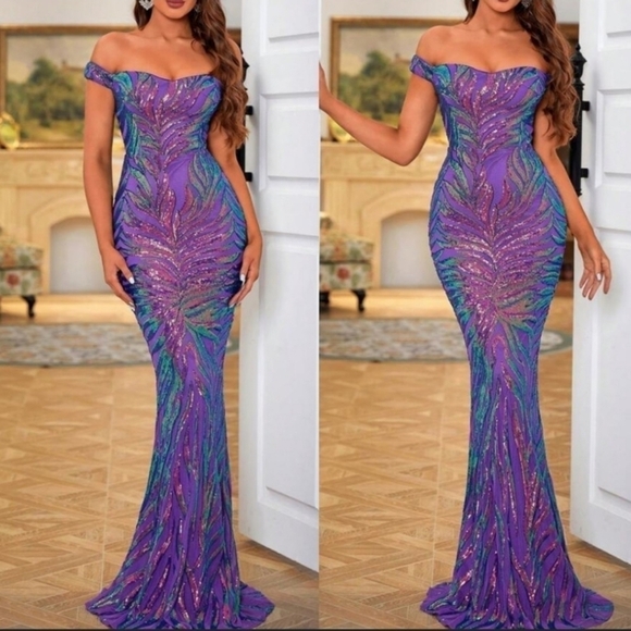 Purple,  Graphic,  Random Print,  Contrast Sequined, Off Shoulder Mermai… - Picture 1 of 13